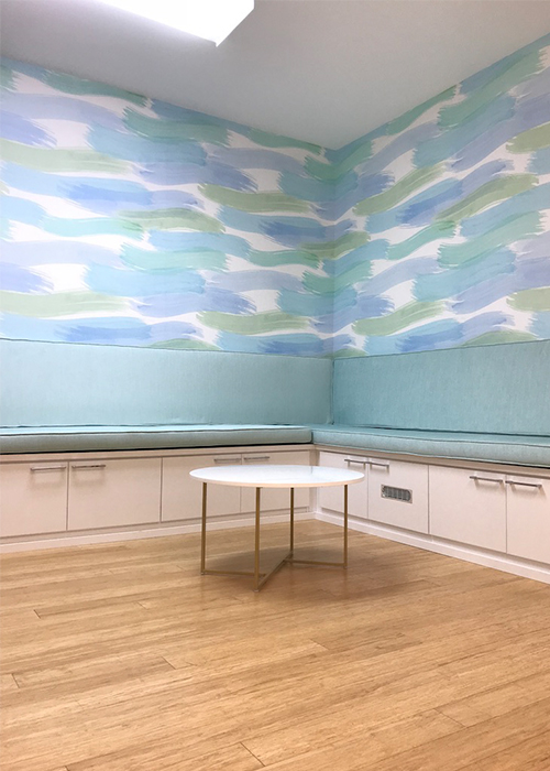 Before/After Design: This battered women’s shelter was in need of an upgraded design. The staff suggested a 'spa' feel and we went from there with custom designed fabric & wallpaper and a lot of clean colored water motifs